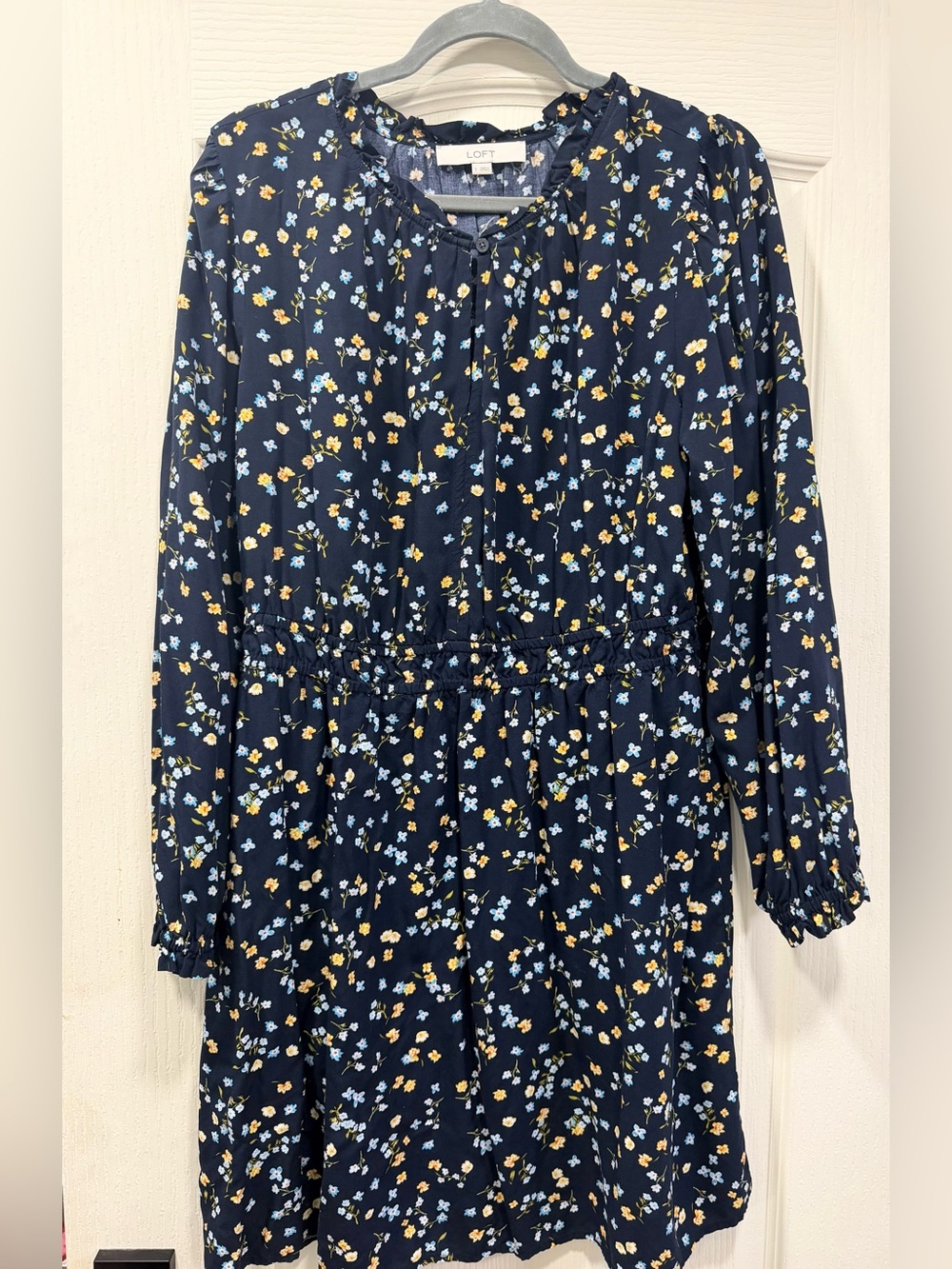Navy Floral Long Sleeve Tie-Neck Dress - Picture 1 of 5